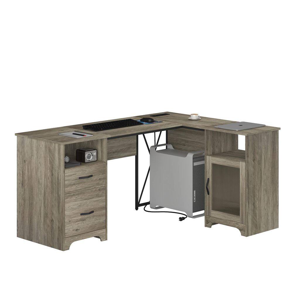 63" L Shaped Gray Wood Corner Desk with Sunlight Door and Power Hub, Computer Desk with Storage Drawers and Open Shelves