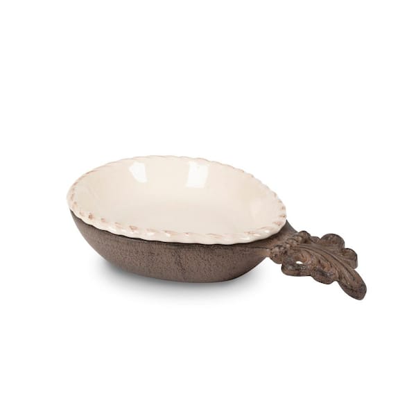 Unbranded Cream Stoneware Large Spoon/Ladle Holder with Metal Acanthus Leaf Base