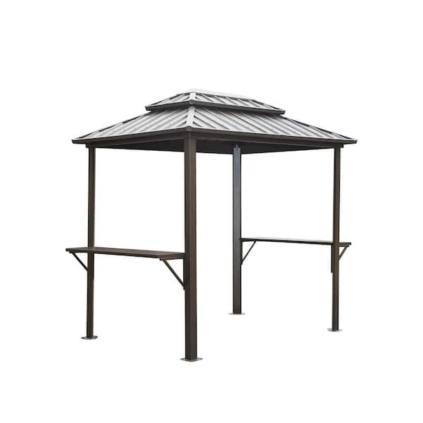 Grill Gazebo 8 ft. x 6 ft. Hard top Double Roof Aluminum BBQ Gazebo Outdoor Metal Frame with Shelves Serving Tables