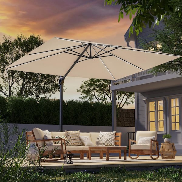 10 x 8 ft. Metal LED Rectangle Cantilever Patio Umbrella Solution-Dyed Fabric and 360° Rotation System in Sand