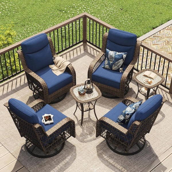 INNUMIA 6-Piece Wicker Patio Conversation Set with 5 in. Thick Blue Cushions, High Back Outdoor Swivel Rocker Chairs Set