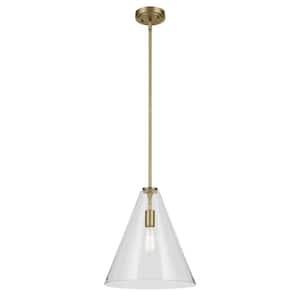 Everly 14.25 in. 1-Light Natural Brass Modern Shaded Cone Kitchen Hanging Pendant Light with Clear Glass