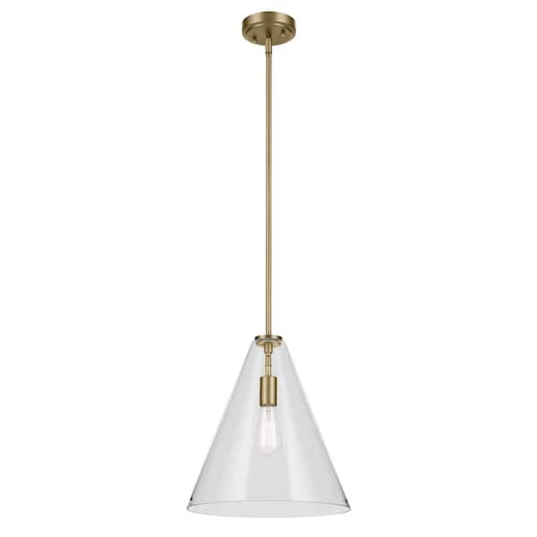 Everly 14.25 in. 1-Light Natural Brass Modern Shaded Cone Kitchen Hanging Pendant Light with Clear Glass