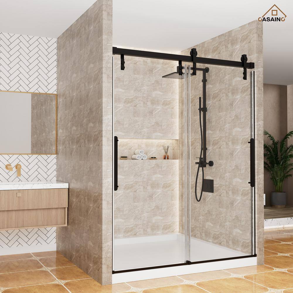 60" x 76" Frameless Black Sliding Shower Door with Tempered Glass