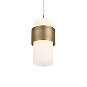 Banded 150-Watt Equivalent Integrated LED Aged Brass Mini Pendant with Glass Shade