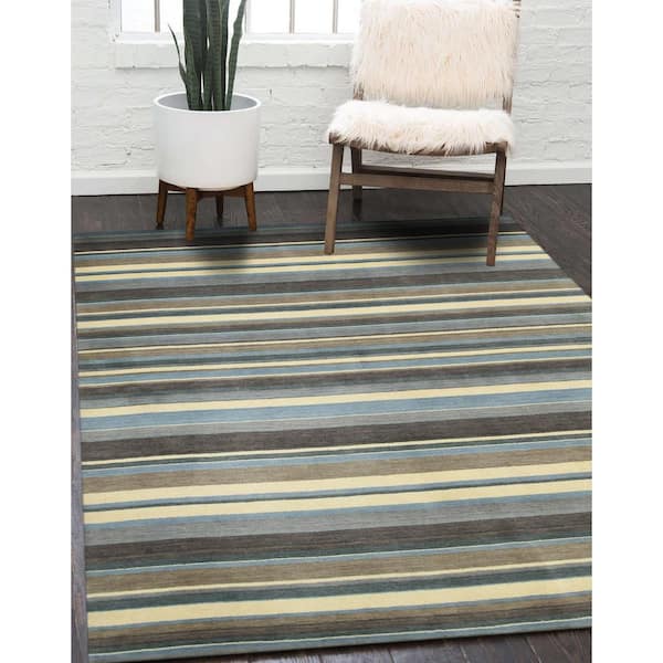EORC Blue/Brown 2 ft. x 3 ft. Striped Handmade Wool Area Rug