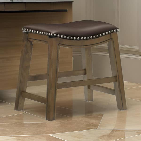 Benjara 20 in. Brown Low Back Wooden Dining Stool with Faux Leather Seat
