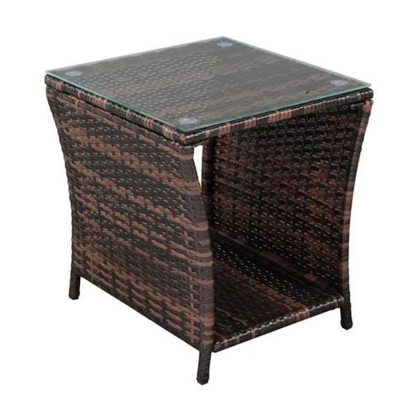 "Glass Surface Brown Gradient Iron Frame Rattan Side Table"