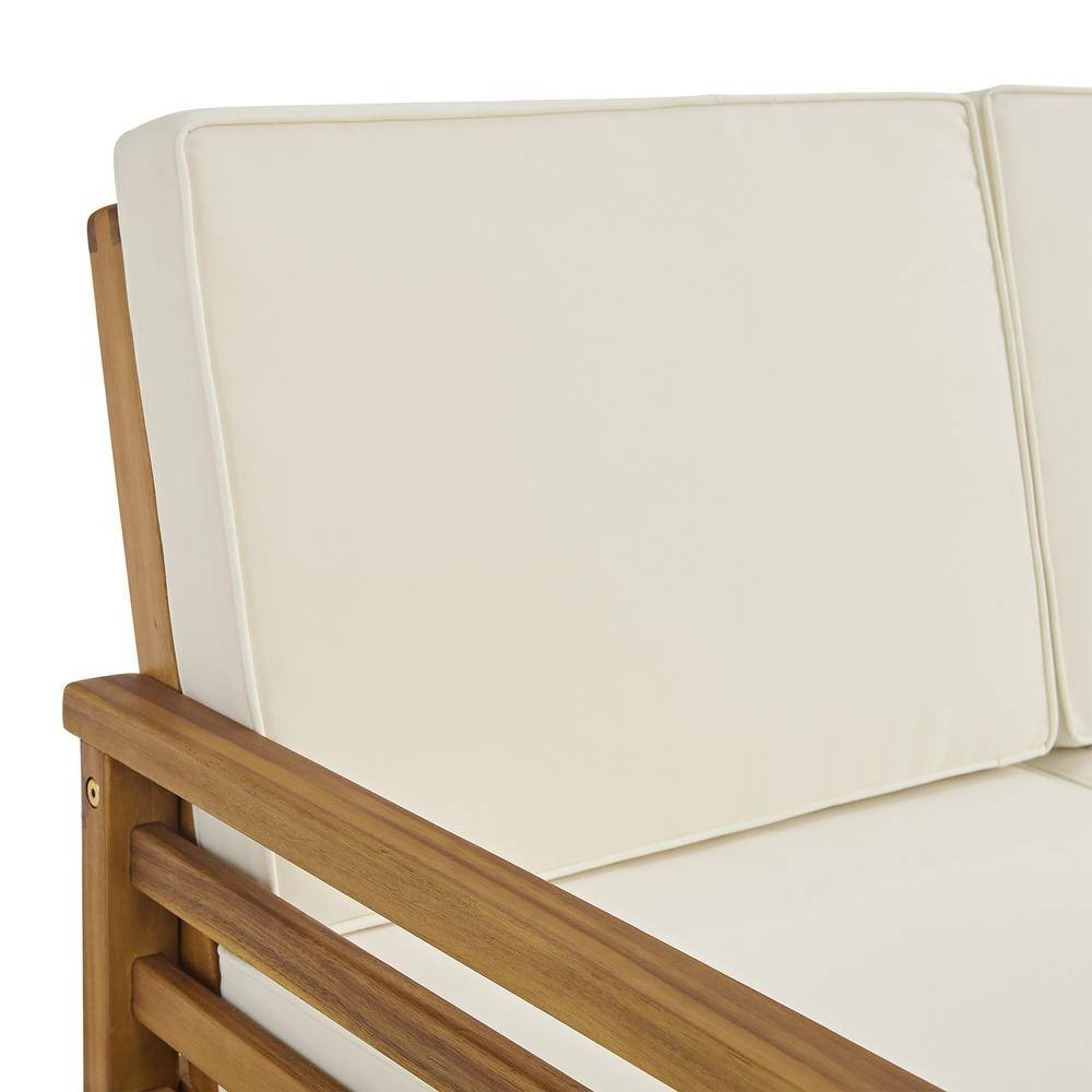 Natural Wood Two-Seater Outdoor Bench with Cream Cushions