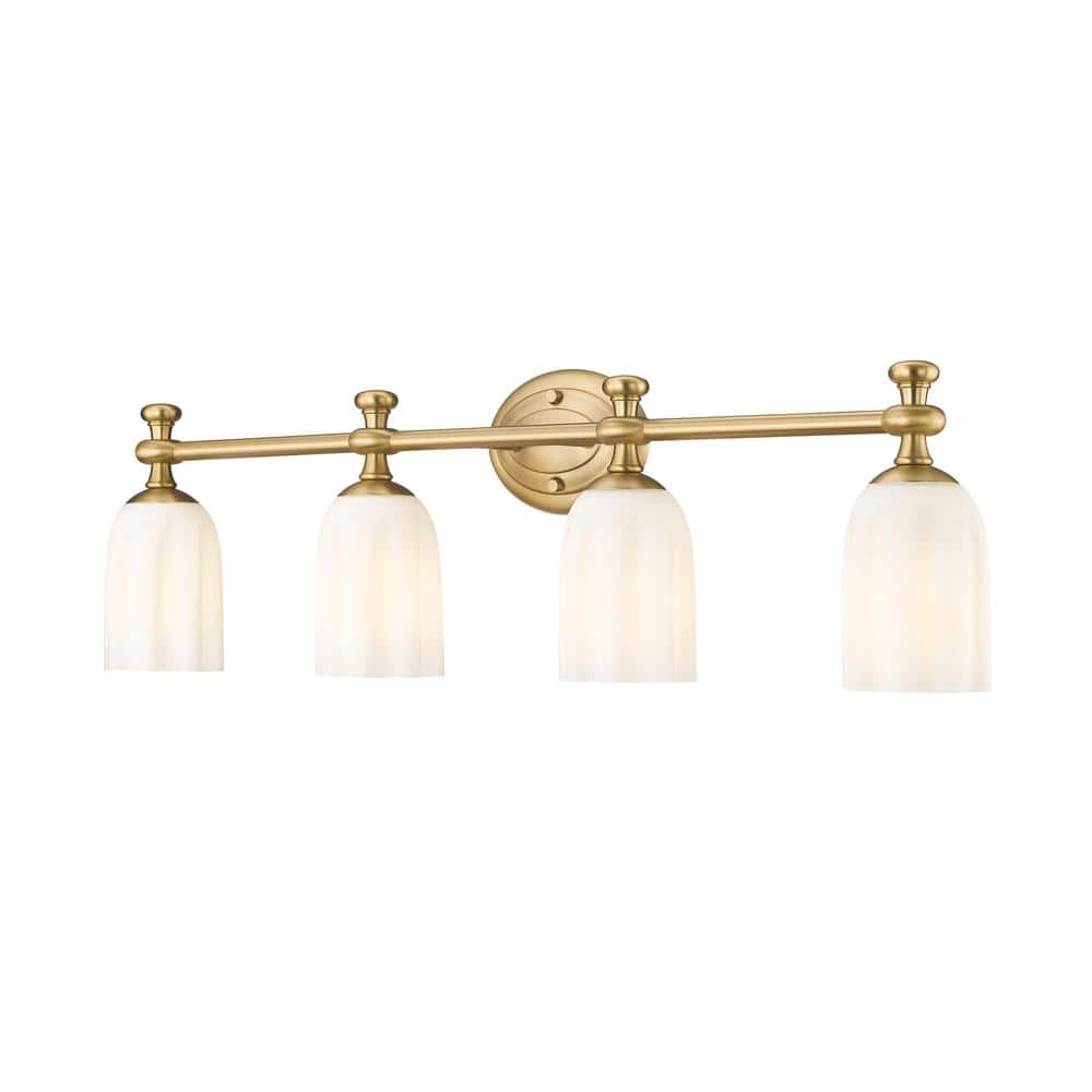 Orion 31.25 in. 4-Light Modern Gold Vanity-Light with Opal Etched Glass Sha