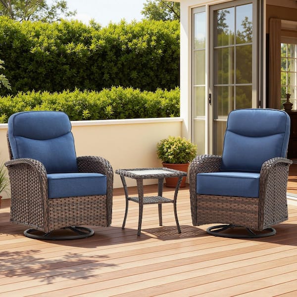 Luna Brown 3-Piece Wicker Swivel Glider Patio Conversation Set with 6 in. Thick Navy Blue Cushions and Side Table