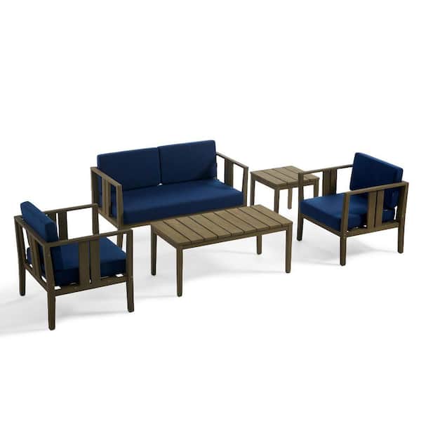5-Piece Brown Teak Patio Conversation Set with Navy Cushions