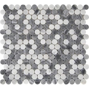 Gray and White 11.3 in. x 12.3 in. Penny Round with Dot Polished Marble Mosaic Tile (4.83 sq. ft./Case)