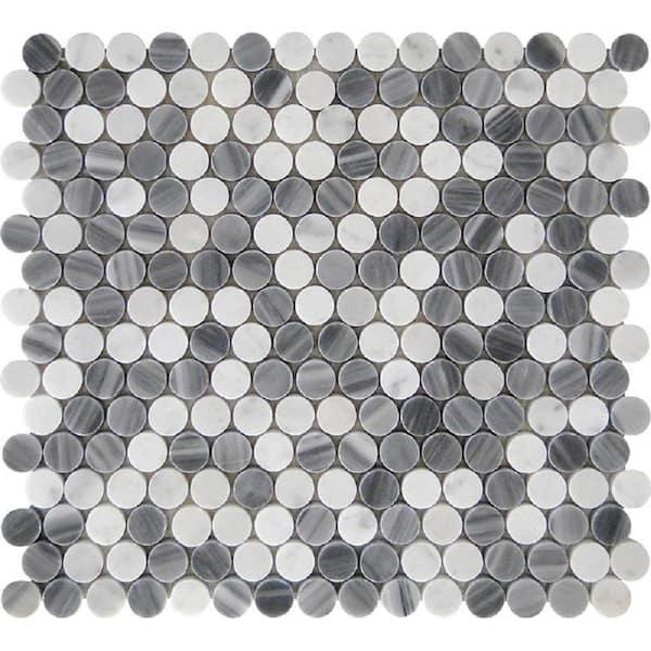 Apollo Tile Gray and White 11.3 in. x 12.3 in. Penny Round with Dot Polished Marble Mosaic Tile (4.83 sq. ft./Case)