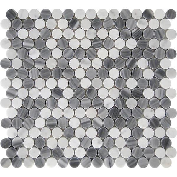 Apollo Tile Gray and White 4 in. x 5 in. Penny Round With Dot Polished Marble Mosaic Tile Sample (0.13 sq. ft./Piece)