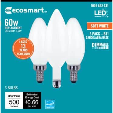 60-Watt Equivalent B11 Dimmable Candelabra ENERGY STAR Frosted Glass Vintage Edison LED Light Bulb Soft White (3-Pack)
