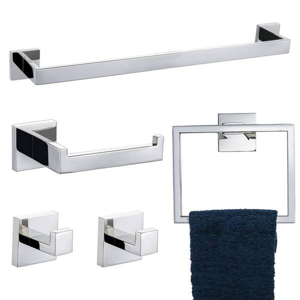 WELLFOR 5-Piece Stainless Steel Bath Hardware Set in Chrome with Towel Bar, Toilet Paper Holder, Towel Ring, Coat Hook