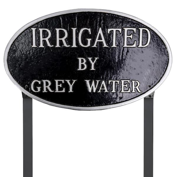 Montague Metal Products 10 in. x 18 in. Large Oval Irrigated By Grey Water Statement Plaque Sign with Lawn Stakes - Black/Silver