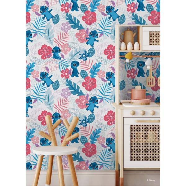 Blue Disney Stitch Tropical Flowers Pink Peel and Stick Wallpaper Roll