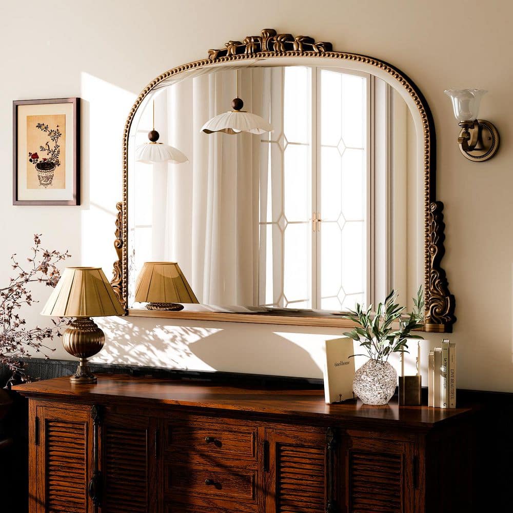 XRAMFY Antique Gold 36 in. W x 27 in. H Carved Arched PU Frame