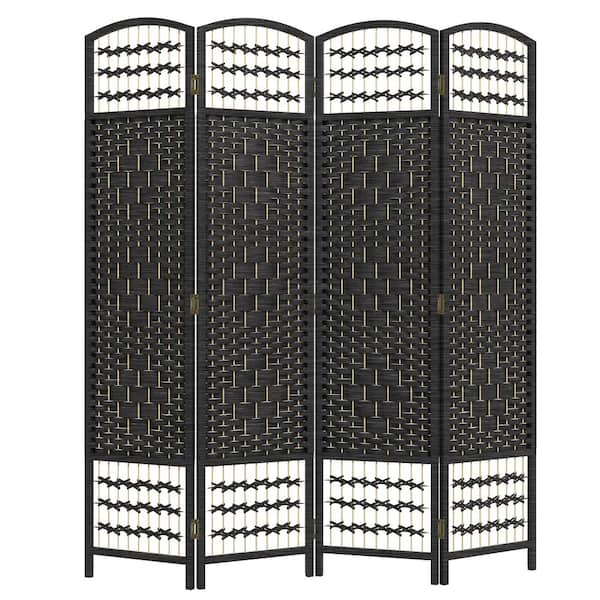 5.6 ft. Black Wood Folding Privacy Screen, 4 Panel Room Divider, Wave Fiber Freestanding Partition Wall Divider