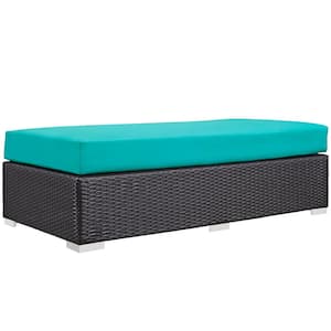 Convene Wicker Outdoor Patio Fabric Rectangle Ottoman in Espresso with Turquoise Cushion