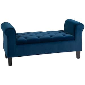 Blue Storage Ottoman, Fabric Upholstered Bench with Armrests for Bedroom