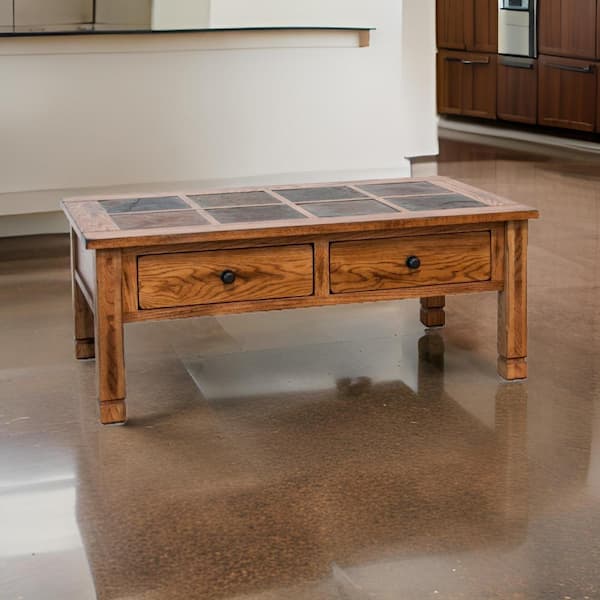 28 in. Brown Rectangle Wood Coffee Table with Lower Shelf