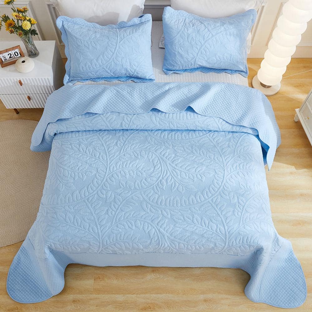 Light Blue Cotton Queen Quilt Set with Pillow Shams
