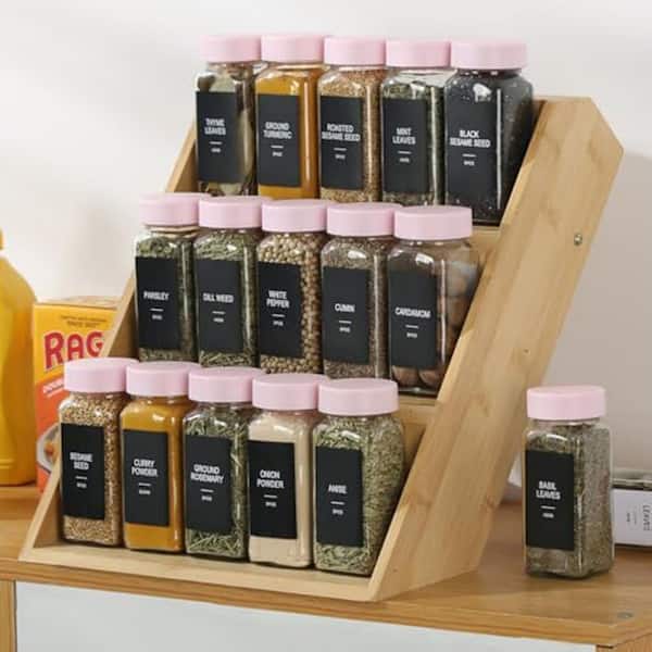 24 Pack Pink Airtight Lid Square Glass Spice Jar Set with Shaker Lids Funnel and 492 Labels for Kitchen Organizing