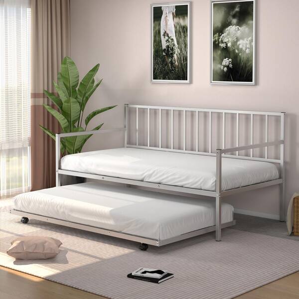 Costway Silver Twin Metal Daybed with Roll Out Trundle Heavy Duty Frame Sofa Bed Set GHMHSKU00842 The Home Depot