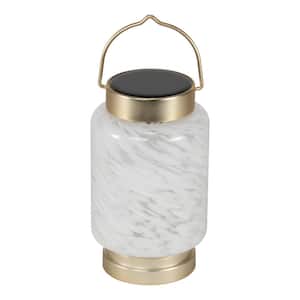 1-Light 7. 5 in. H White Outdoor Solar Boater Cylinder Integrated LED Glass Table Top Lantern Light