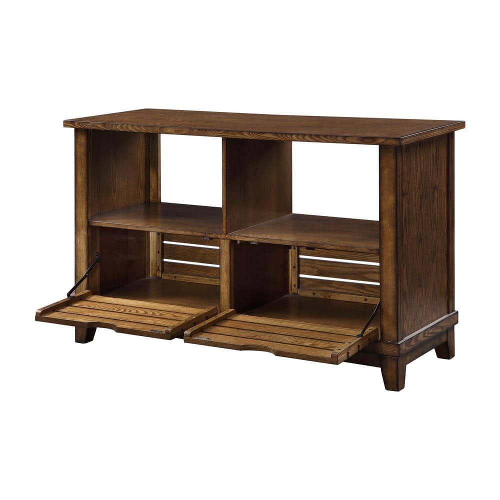 Brown Oak Slatted Front Sofa Table with Storage