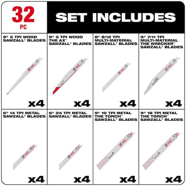 SAWZALL Nail-Embedded Wood and Metal Cutting Bi-Metal Reciprocating Saw Blade Set (32-Piece)