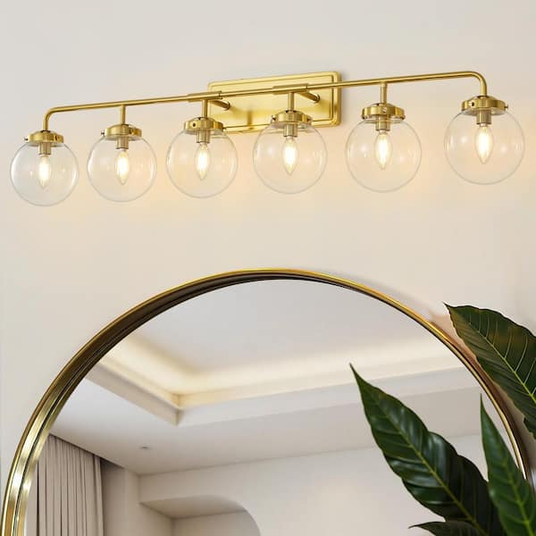 Modern 45.28 in. 6-Light Gold Bathroom Vanity Light with Clear Glass Shades, Suitable for Bathrooms, Powder Rooms