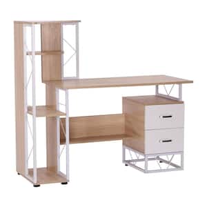 52.25 in. Rectangular Oak/White 2-Drawer Writing Computer Desk with Cabinet Space