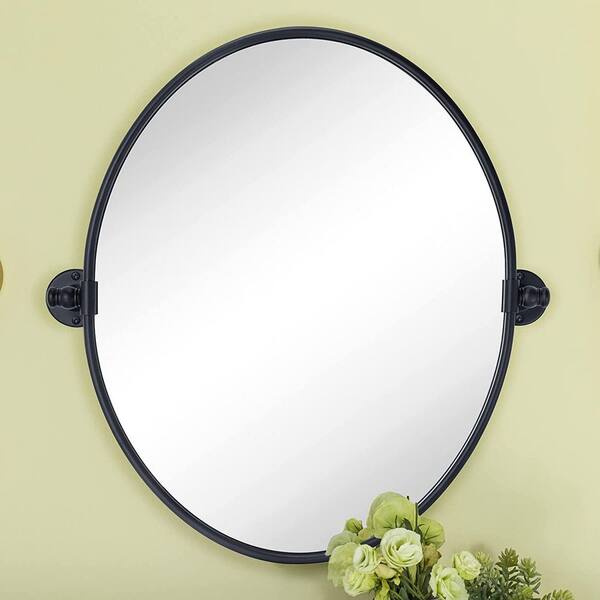 HOMLUX 19 in. W x 24 in. Oval Pivot Mirror Pill Shaped Tilting Bathroom Vanity Mirror in Black