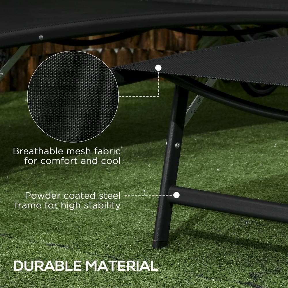Black Mesh Adjustable Outdoor Chaise Lounge Set with Wheels