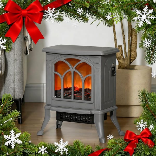 14.75 in. Freestanding Electric Fireplace with Realistic Logs and Flame Effect and Overheat Protection in Gray