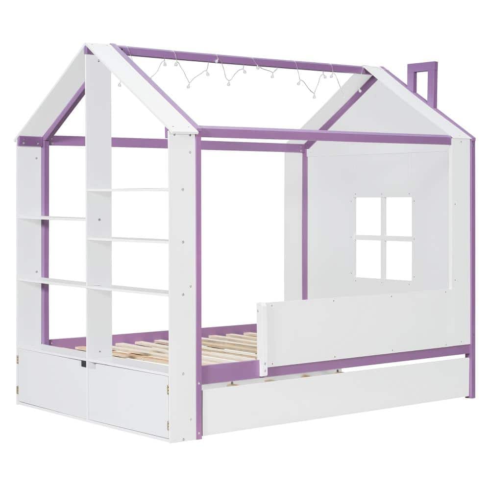 White Wood Frame Full Platform Bed with Pull-Out Trundle, Storage Shelves and LED Lights durable construction price history on PriceWatchPro