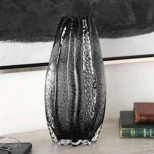 14 in. Gray Handmade Bubble Textured Ombre Glass Decorative Vase with Wavy Body