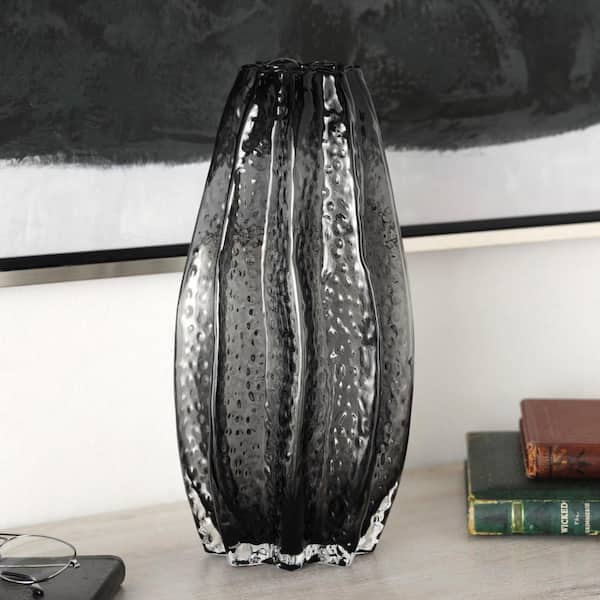 Litton Lane 14 in. Gray Handmade Bubble Textured Ombre Glass Decorative Vase with Wavy Body