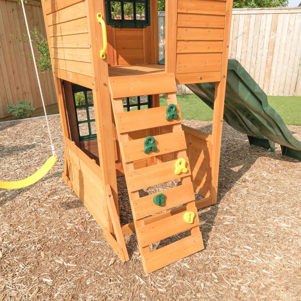 Treasure Cove Cedar Wooden Swing Set with Green Slides