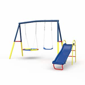 Outdoor Blue and Yellow Swing Set with Kids Slide and Swing