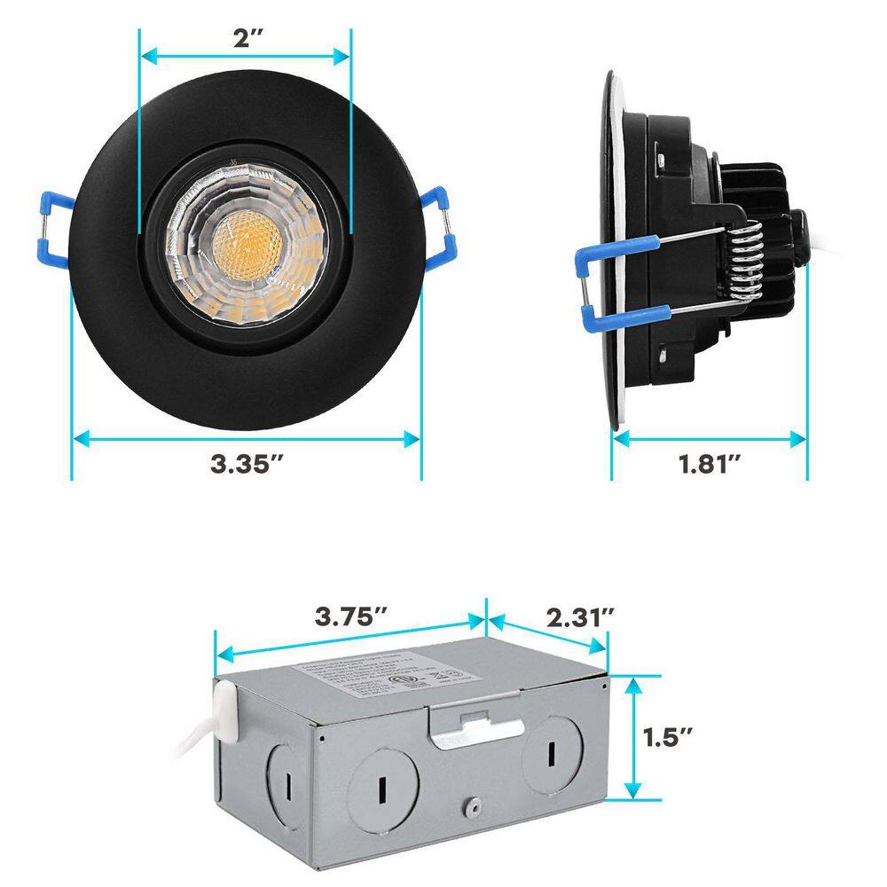 Black Adjustable LED Gimbal Canless Recessed Lighting Kit with Junction Box