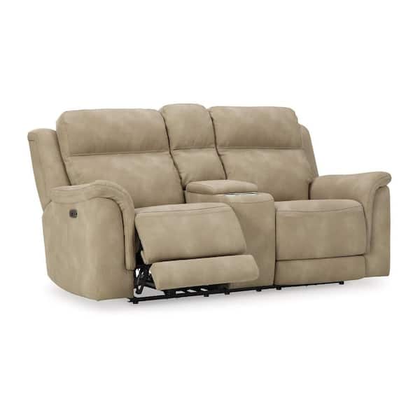 Corbin Sand Brown Faux Leather Glider Power Recliner Chair with Cup Holders