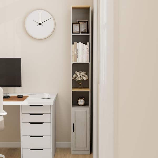 White 6-Tier Narrow Freestanding Bathroom Cabinet with 1 Door and 2 Adjustable Shelves, Bookcase Display Storage Shelves