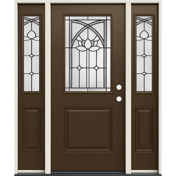JELD-WEN 60 in. x 80 in. Left-Hand 1/2 Lite Ardsley Decorative Glass Dark Chocolate Fiberglass Prehung Front Door w/Sidelites