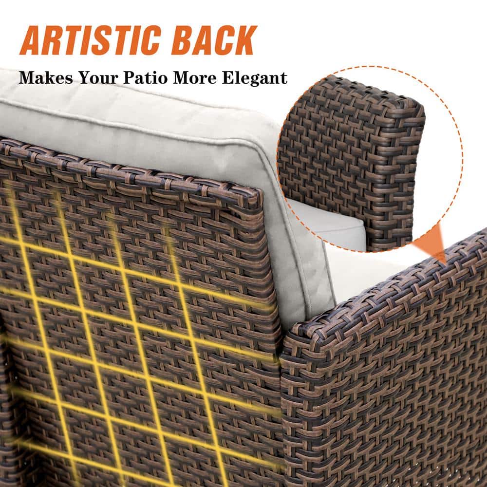Outdoor Multi-Brown Wicker and Steel 3-Seat Sofa with Beige Cushions
