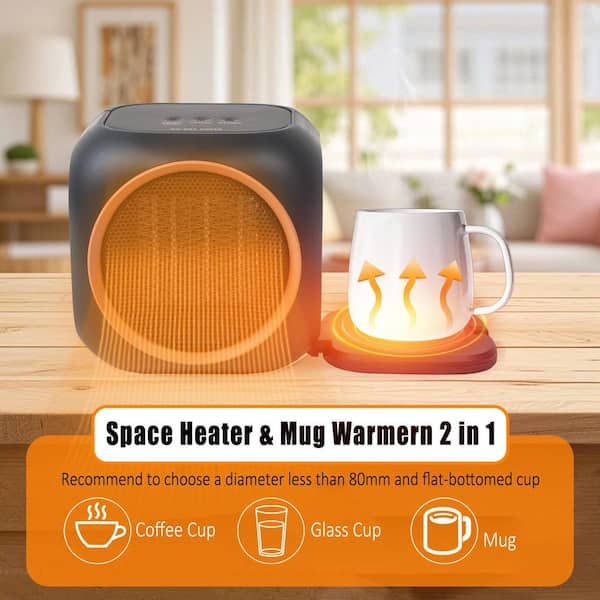 6 in. 800W 2-in-1 Space Heater and Smart Mug Warmer in Black with 12H Auto Shut Off Desk Fan Heater